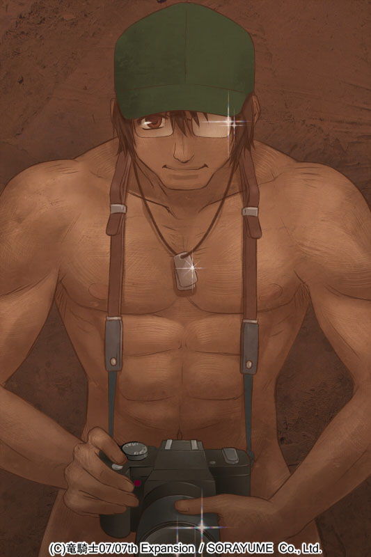 1boy brown_eyes brown_hair camera dog_tags glasses hat higurashi_no_naku_koro_ni izumi_natsuka looking_at_viewer male_focus muscular nude short_hair smile solo tomitake_jirou zenra