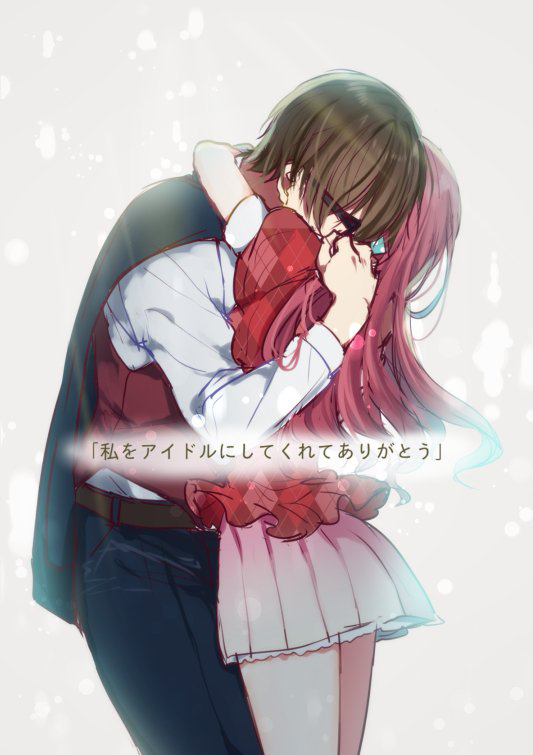 1boy 1girl bow brown_hair check_translation hair_bow hair_ornament hetero hug idol jacket jacket_on_shoulders long_hair long_sleeves minamoto_sakura mizukikushou pants polka_dot polka_dot_bow puffy_short_sleeves puffy_sleeves red_hair short_hair short_sleeves skirt sunglasses tatsumi_koutarou translation_request zombie_land_saga