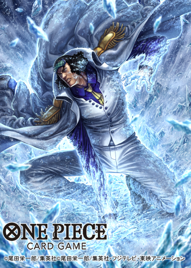 1boy attack black_hair blue_shirt coat coat_on_shoulders commentary_request copyright_name epaulettes ice kuzan_(aokiji) looking_to_the_side male_focus necktie official_art on_one_knee one_piece one_piece_card_game pants shirt solo tatsuya_(atelier_road) vest waistcoat white_coat white_pants wing_collar