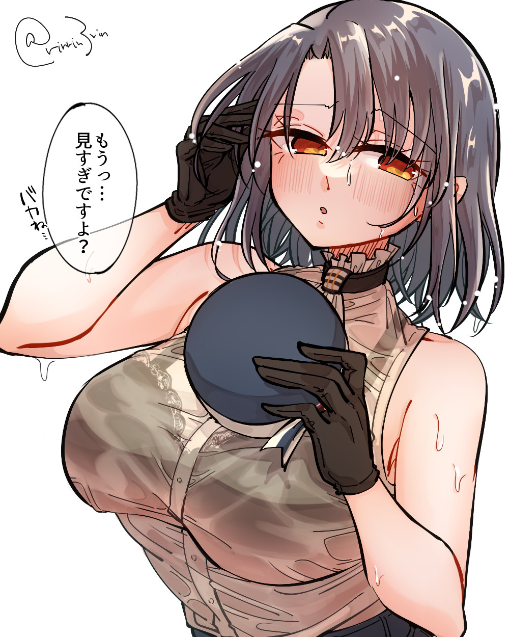 1girl black_gloves black_hair blue_hat bra_visible_through_clothes breasts brown_eyes collared_shirt commentary_request dress_shirt gloves hat highres kantai_collection large_breasts looking_at_viewer matsunaga_(haku) shirt short_hair simple_background sleeveless sleeveless_shirt solo sweat takao_(kancolle) translation_request unworn_hat unworn_headwear white_background white_shirt