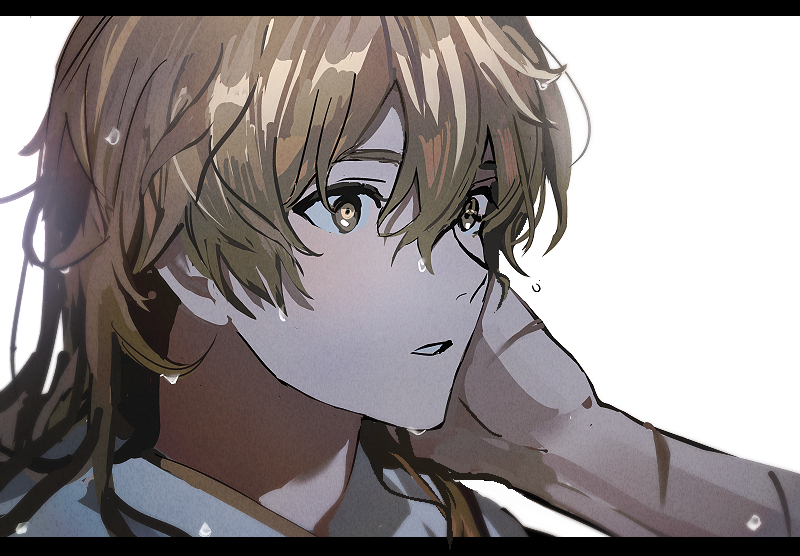 1boy 1other aether_(genshin_impact) blonde_hair brown_eyes daenarys genshin_impact hair_between_eyes hand_on_another&#039;s_cheek hand_on_another&#039;s_face letterboxed long_hair male_focus parted_lips portrait scar scar_on_arm scar_on_hand solo_focus upper_body wet wet_hair wide-eyed