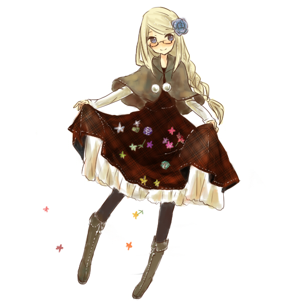 1girl axis_powers_hetalia bad_id bad_pixiv_id black_pantyhose blonde_hair blue_eyes blue_flower blue_rose blush boots braid capelet clothes_lift dress dress_lift flower full_body glasses hair_flower hair_ornament hiiragi hiiragi_(sato) long_hair long_sleeves monaco_(hetalia) no_nose pantyhose plaid_clothes plaid_dress rose simple_background single_braid skirt_hold smile solo white_background