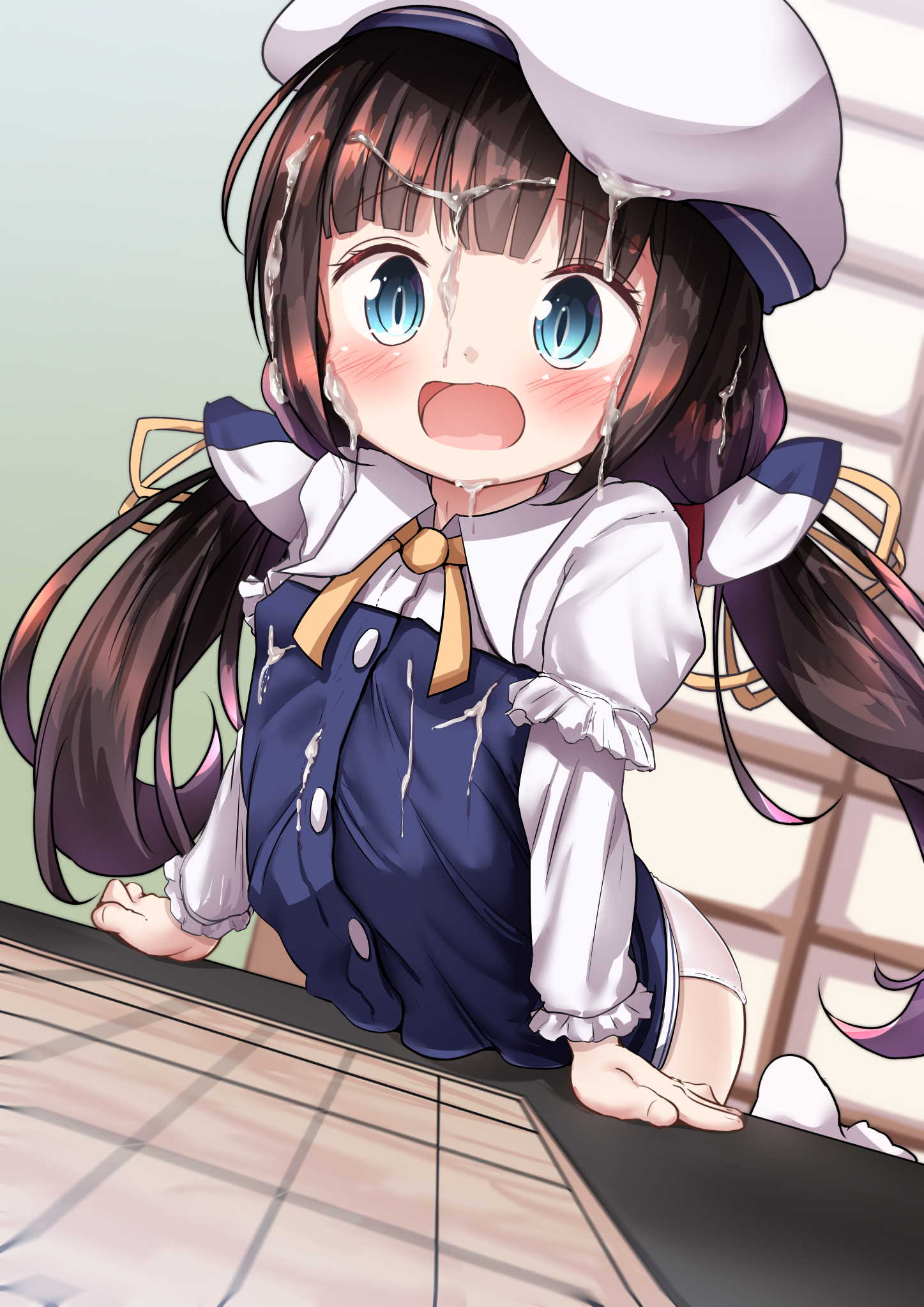 mochiyuki, hinatsuru ai, ryuuou no oshigoto!, highres, 1girl, against  table, arm support, beret, blouse, blue eyes, blue shirt, blunt bangs,  blurry, blush, board game, breasts, brown hair, buttons, collared shirt,  cum, cum