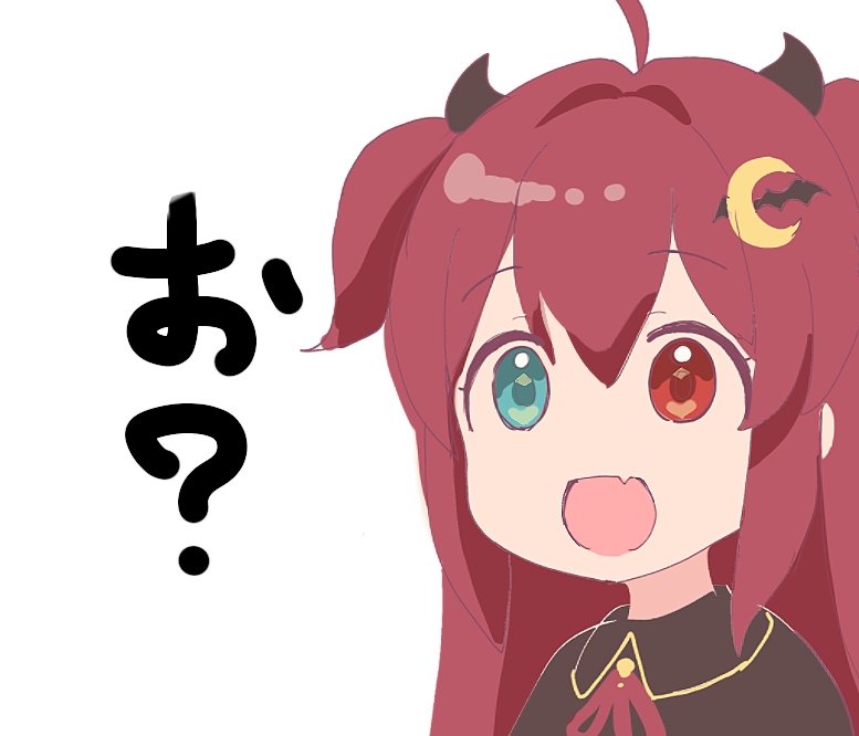 1girl :d ahoge bat_hair_ornament black_capelet blue_eyes capelet crescent crescent_hair_ornament demon_horns fang hair_between_eyes hair_intakes hair_ornament heterochromia horns neck_ribbon nijisanji open_mouth portrait red_eyes red_hair red_ribbon ribbon simple_background smile solo tadanoshi_kabane translation_request two_side_up upper_body virtual_youtuber white_background yuzuki_roa