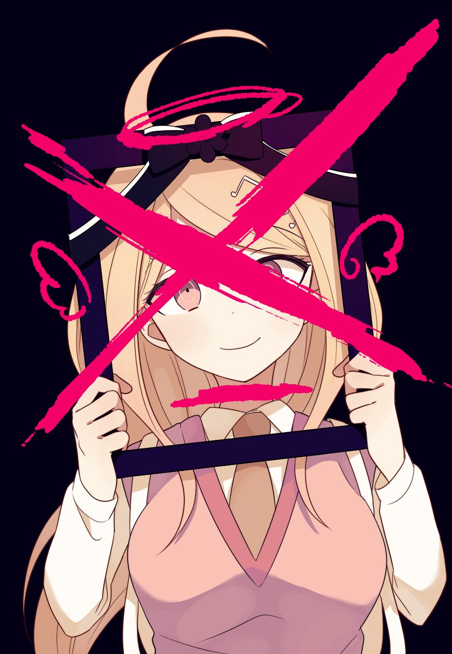 1girl 4_(nakajima4423) ahoge akamatsu_kaede backpack bag black_background blonde_hair breasts brown_necktie cartoon_wings closed_mouth collared_shirt commentary_request danganronpa_(series) danganronpa_v3:_killing_harmony eyelashes fortissimo hair_ornament halo highres holding holding_picture_frame iei large_breasts light_blush long_hair long_sleeves looking_at_viewer musical_note musical_note_hair_ornament necktie picture_frame pink_vest purple_eyes shirt simple_background smile solo spoilers straight-on upper_body v-neck vest white_bag white_shirt