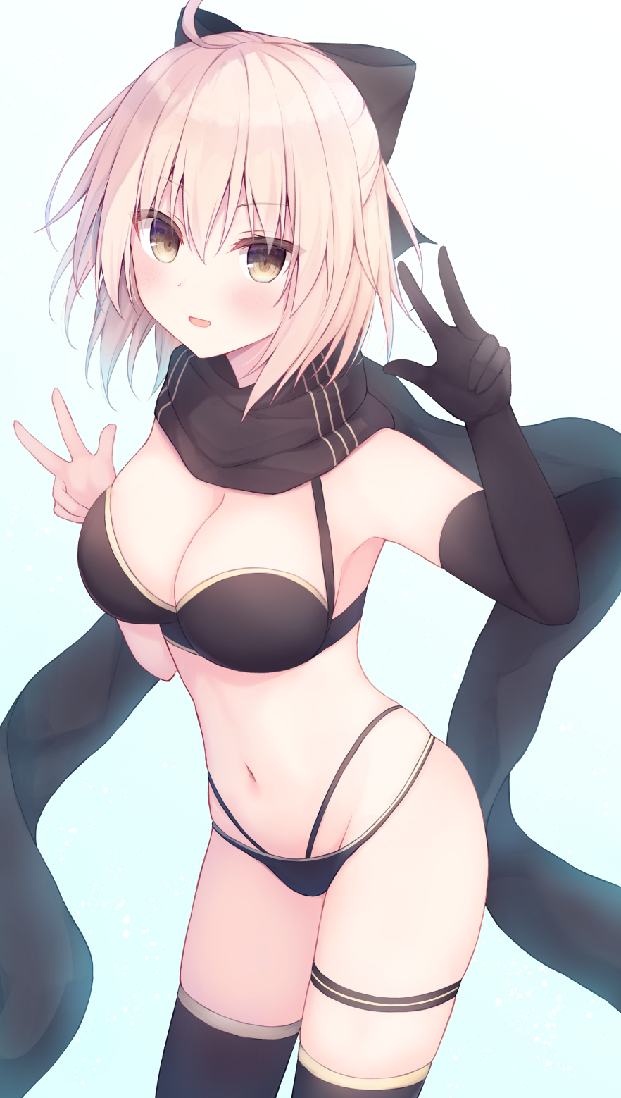 1girl ahoge armpits bare_shoulders bikini black_bikini black_gloves black_thighhighs blonde_hair bow breasts cleavage cowboy_shot double_w elbow_gloves fate/grand_order fate_(series) firepo gloves groin hair_bow hands_up highres large_breasts looking_at_viewer multi-strapped_bikini navel okita_j._souji_(fate) okita_j._souji_(first_ascension)_(fate) okita_souji_(fate) okita_souji_(koha-ace) open_mouth scarf short_hair single_glove smile solo stomach swimsuit thigh_strap thighhighs thighs w yellow_eyes