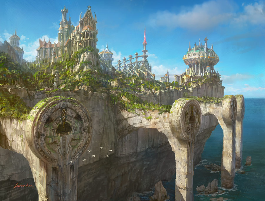 artist_name blue_sky building castle citadel cloud day fantasy horizon k-takano landscape no_humans ocean original outdoors painterly realistic rock scenery signature simple_bird sky tower water