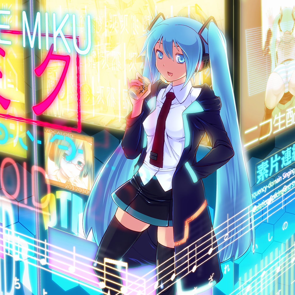 bad_id bad_pixiv_id casual hair_ribbon hatsune_miku headphones inuga_anahoru long_hair necktie ribbon solo thighhighs twintails very_long_hair vocaloid zettai_ryouiki