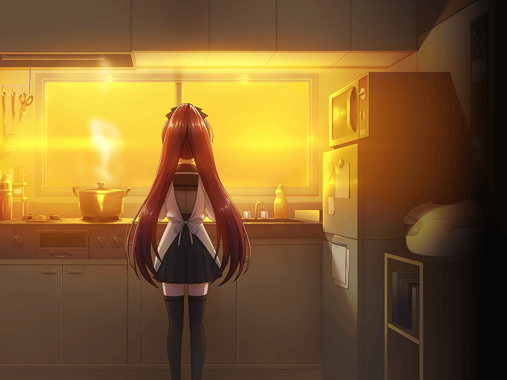 1girl apron artist_request back_bow black_bow black_sailor_collar black_skirt black_thighhighs bookshelf bow brown_hair cabinet character_request cooking_pot faucet feet_out_of_frame from_behind game_cg grey_shirt hair_bow high-waist_skirt indoors kitchen long_hair magia_record:_mahou_shoujo_madoka_magica_gaiden mahou_shoujo_madoka_magica microwave miniskirt official_art pleated_skirt refrigerator ribbon sailor_collar school_uniform scissors serafuku shirt sink skirt sky soap_bottle solo split_ponytail steam stove sunset thighhighs very_long_hair white_apron white_ribbon yellow_sky zettai_ryouiki