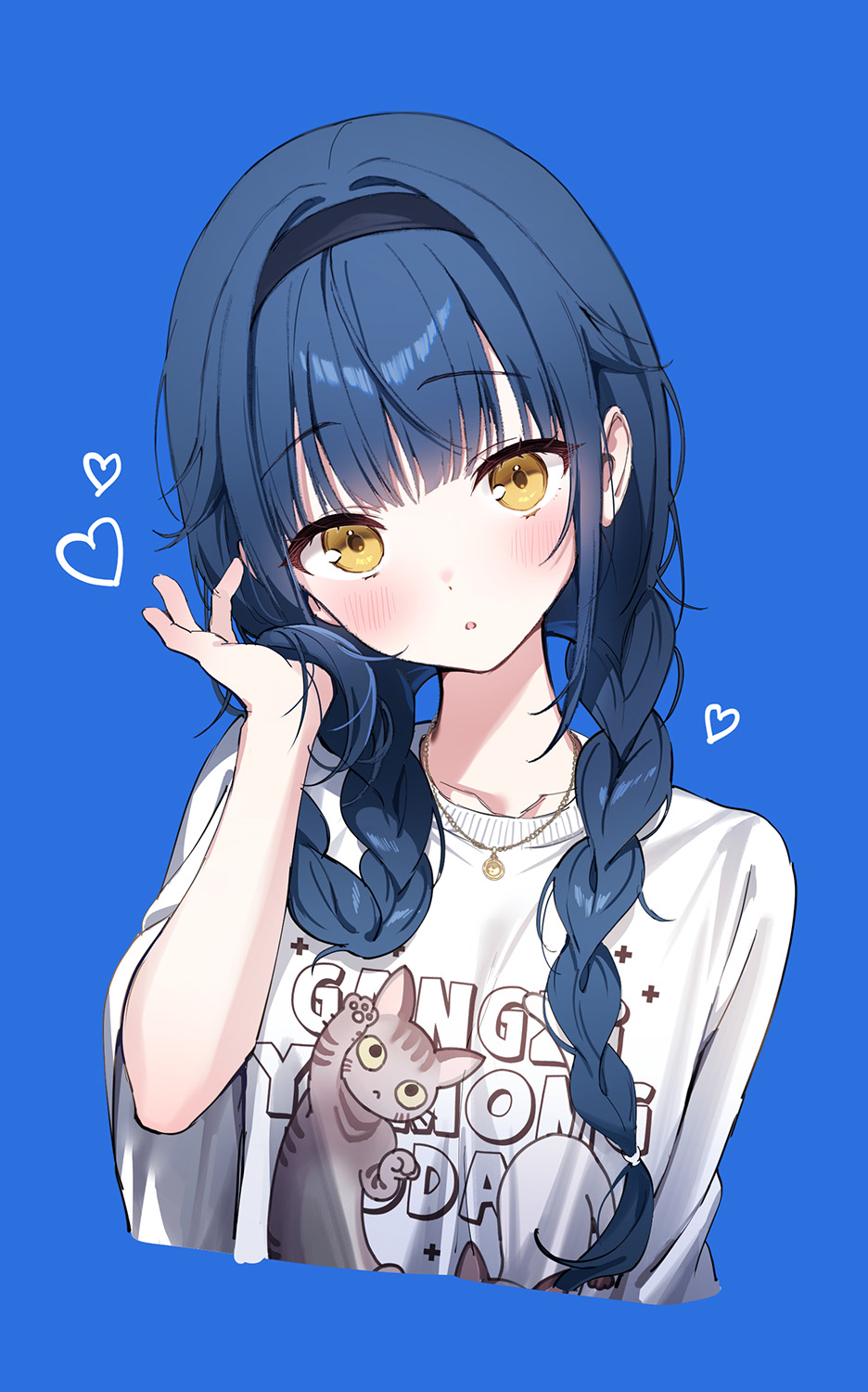 1girl blue_background blue_hair blush braid hairband heart highres long_hair looking_at_viewer rangu shirt simple_background solo twin_braids upper_body virtual_youtuber white_shirt yellow_eyes