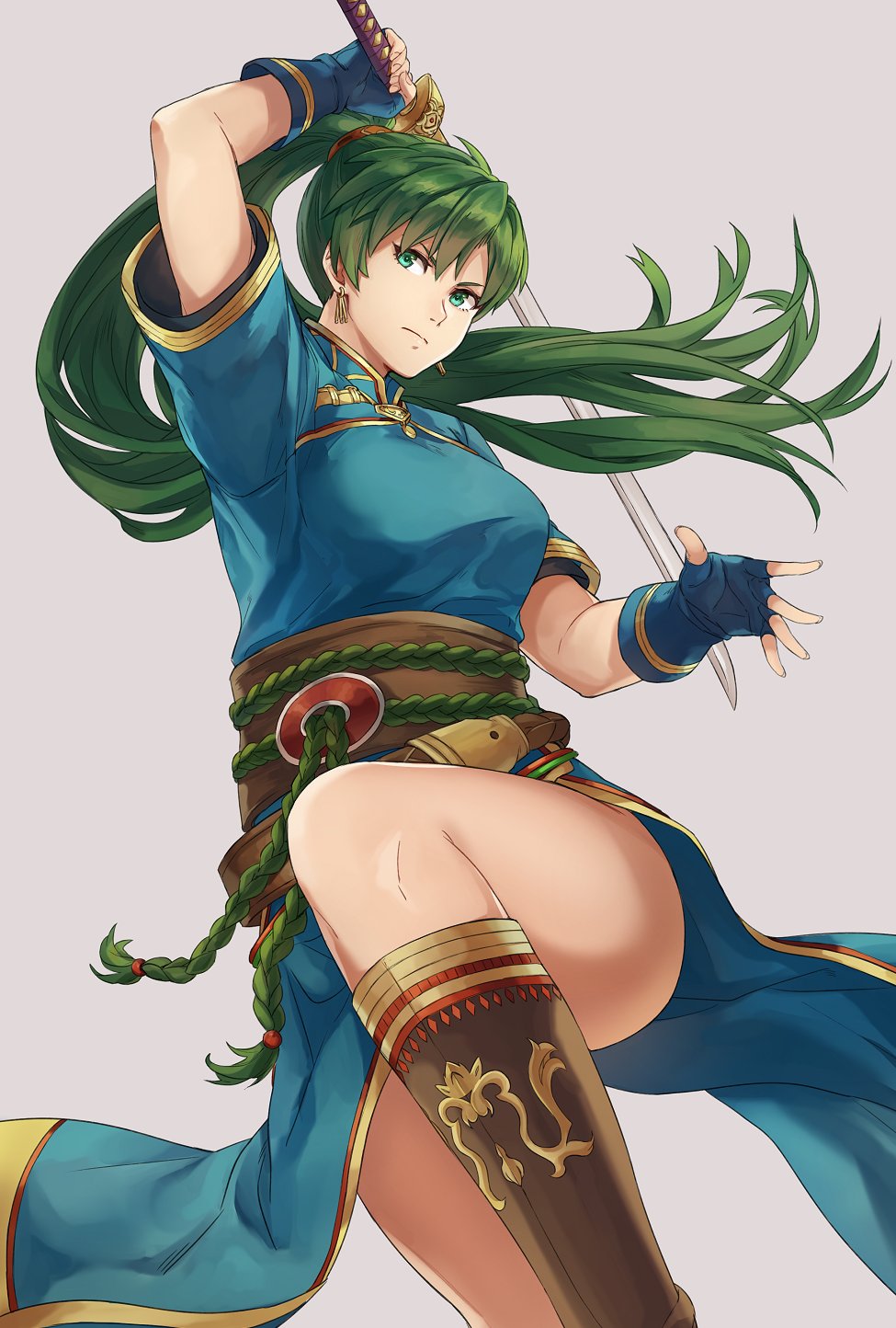 1girl boots female_focus fingerless_gloves fire_emblem fire_emblem:_the_blazing_blade gloves green_eyes green_hair high_ponytail highres kamu_(kamuuei) long_hair looking_at_viewer lyn_(fire_emblem) nintendo pelvic_curtain ponytail side_slit solo sword weapon