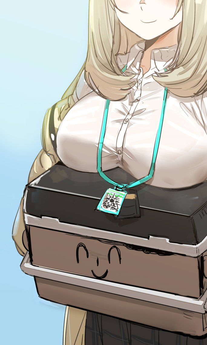 1boy 1girl blonde_hair blue_archive bow_(bhp) breast_rest breasts breasts_on_head carrying doodle_sensei_(blue_archive) hashtag-only_commentary lanyard large_breasts long_hair nonomi_(blue_archive) objectification sensei_(blue_archive) smile