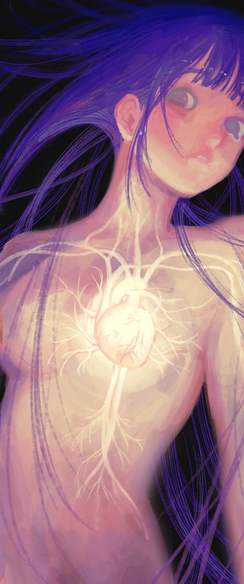 1girl black_background breasts chinese_commentary chshuu01 commentary_request completely_nude heart_(organ) highres long_hair looking_at_viewer nude original purple_eyes purple_hair simple_background small_breasts solo upper_body