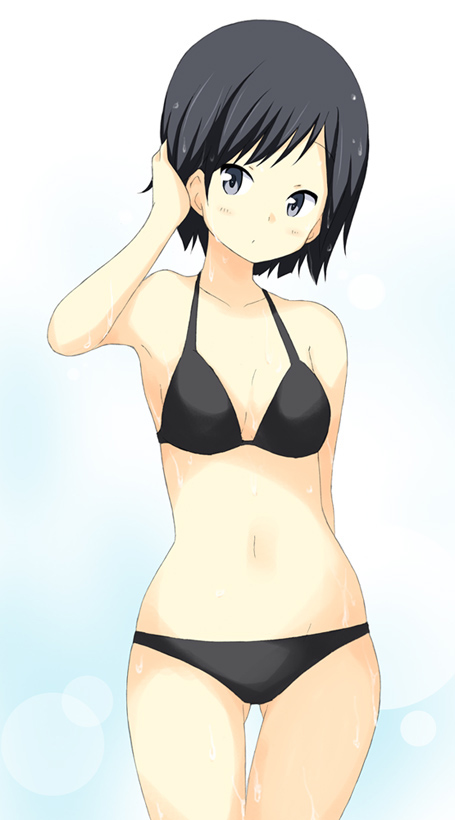 1girl bikini black_eyes black_hair dekosuke extra k-on! short_hair sunahara_yoshimi swimsuit