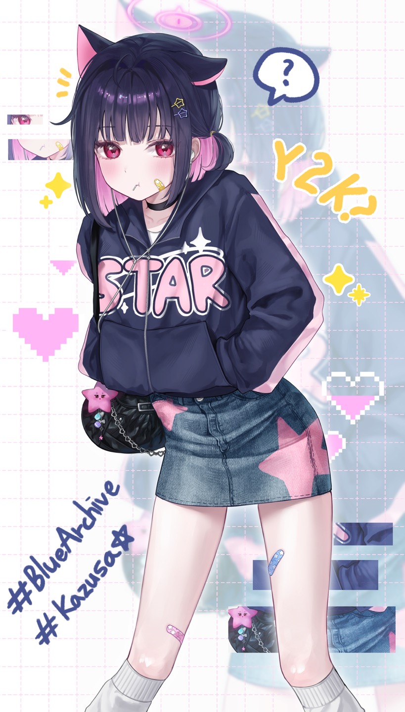 1girl :t ? alternate_costume animal_ears bandaid bandaid_on_cheek bandaid_on_face bandaid_on_leg black_bag black_choker black_hair black_jacket bling_(epvc5242) blue_archive blush cat_ears cat_girl choker clothes_writing colored_inner_hair denim denim_skirt earphones extra_ears feet_out_of_frame grid_background hair_ornament halo hands_in_pockets heart highres jacket kazusa_(blue_archive) kneehighs looking_at_viewer miniskirt multicolored_hair notice_lines pink_hair pink_halo pixel_heart ponytail red_eyes short_ponytail skirt socks solo sparkle spoken_question_mark star_(symbol) star_hair_ornament star_print white_background white_socks y2k_fashion zoom_layer