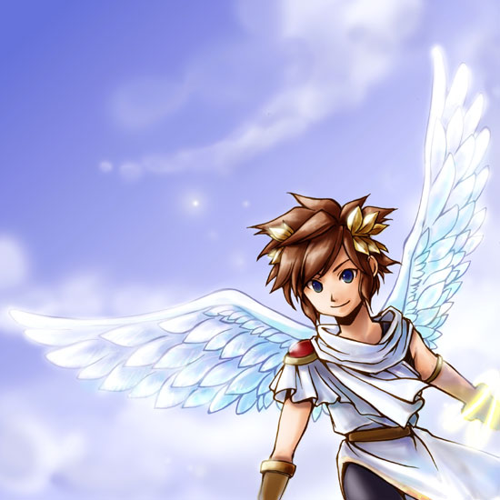 1boy bracer brown_hair cloud fuju gloves kid_icarus male_focus pit_(kid_icarus) solo wings wristband