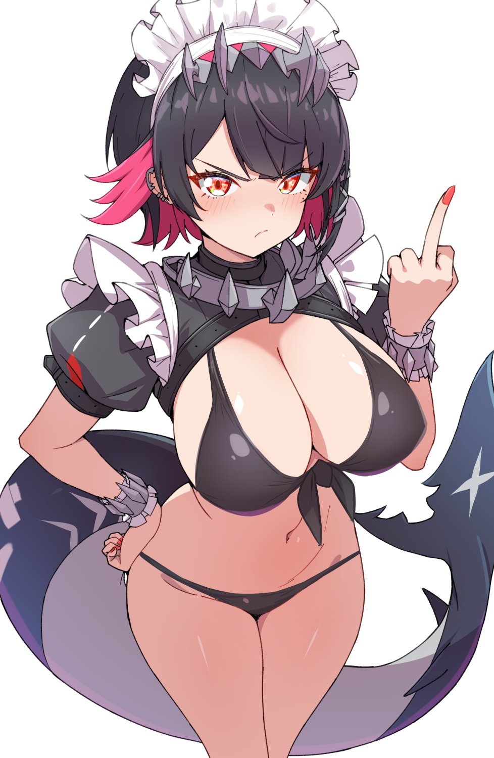 1girl bikini black_bikini blush breasts cleavage closed_mouth cowboy_shot ellen_joe fins fish_tail hand_on_own_hip hand_up highres kamidan large_breasts looking_at_viewer maid_headdress middle_finger mole mole_under_eye navel puffy_short_sleeves puffy_sleeves red_eyes red_hair shark_tail short_hair short_sleeves simple_background solo swimsuit tail white_background zenless_zone_zero