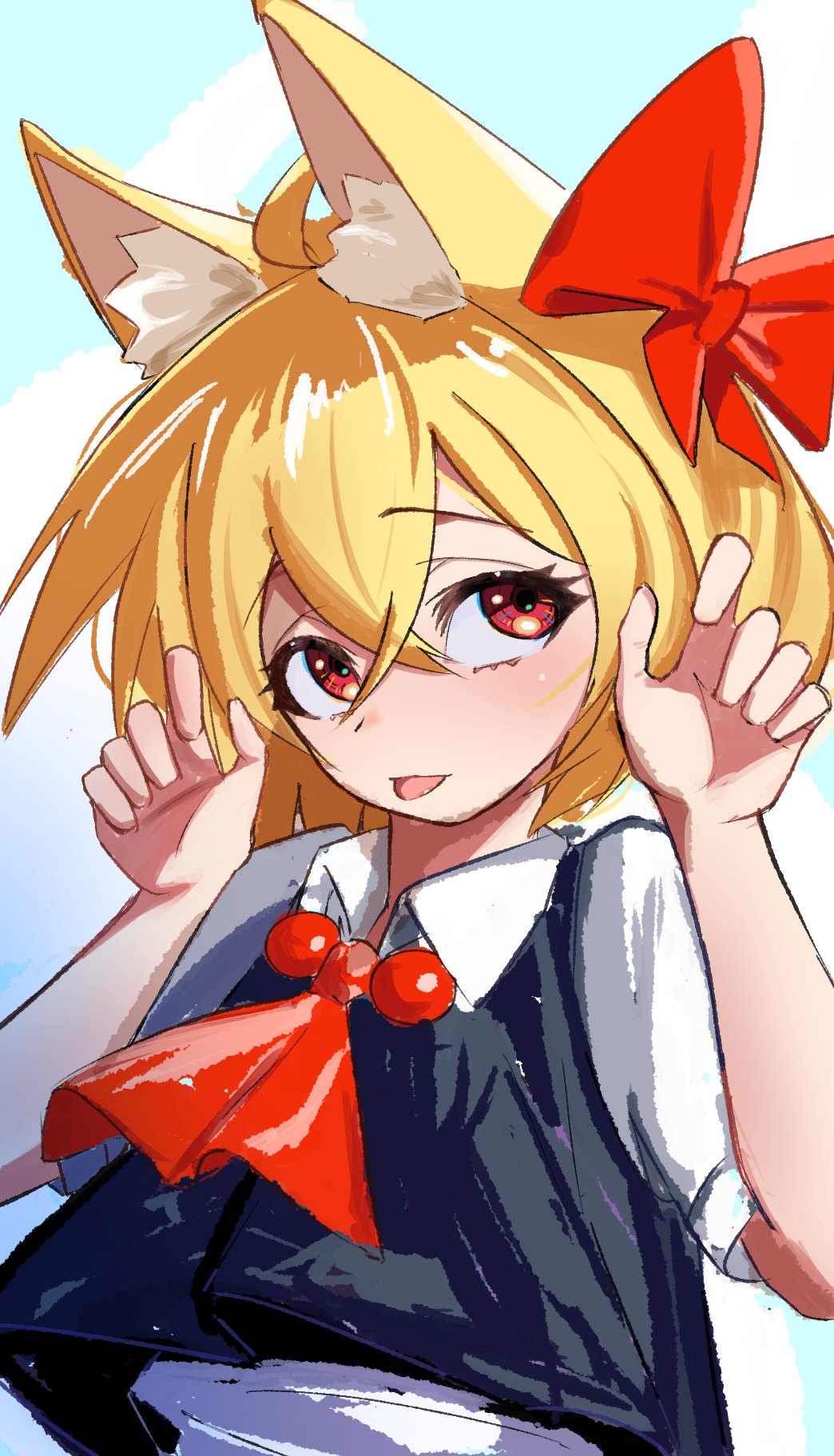 1girl animal_ear_fluff animal_ears ascot black_vest blonde_hair bow closed_mouth collared_shirt commentary_request double-parted_bangs eyelashes hair_bow hands_up highres kemonomimi_mode paw_pose red_ascot red_bow red_eyes rumia shin_rin shirt short_hair short_sleeves sideways_glance sky solo tongue tongue_out touhou upper_body vest white_shirt