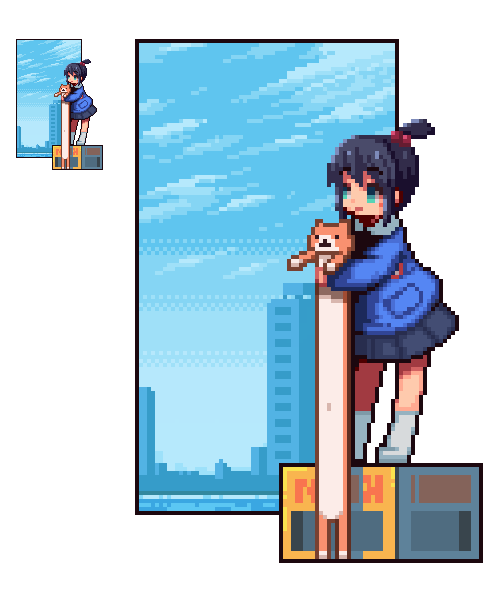 1girl 1other blue_eyes blue_hair blue_sky box building cat child closed_mouth dark_blue_hair eyebrows_hidden_by_hair hair_bobbles hair_ornament hug kindergarten_uniform light_smile long_cat_(meme) looking_to_the_side omunikin on_box original outdoors pixel_art ponytail short_hair short_ponytail skirt sky socks transparent_background