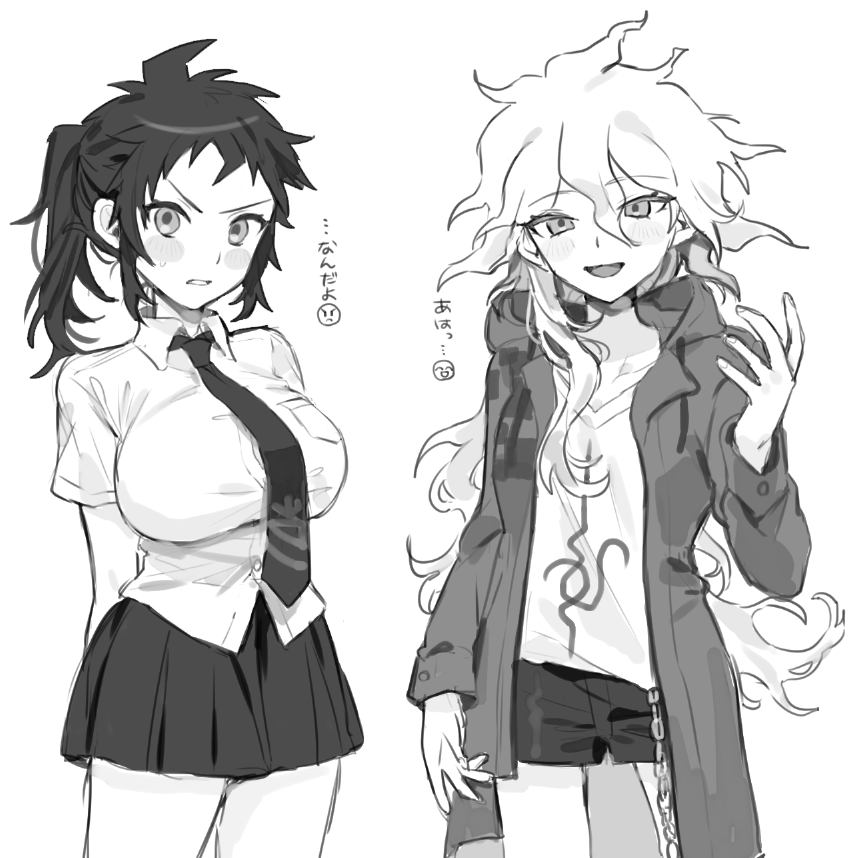 2girls :d ahoge blush breast_pocket breasts clenched_teeth collared_shirt cowboy_shot danganronpa_(series) danganronpa_2:_goodbye_despair genderswap genderswap_(mtf) hair_between_eyes hand_up hinata_hajime komaeda_nagito large_breasts long_hair long_sleeves miniskirt multiple_girls necktie open_mouth pocket ponytail print_shirt shirt shorts skirt smile teeth translation_request yowa_tori