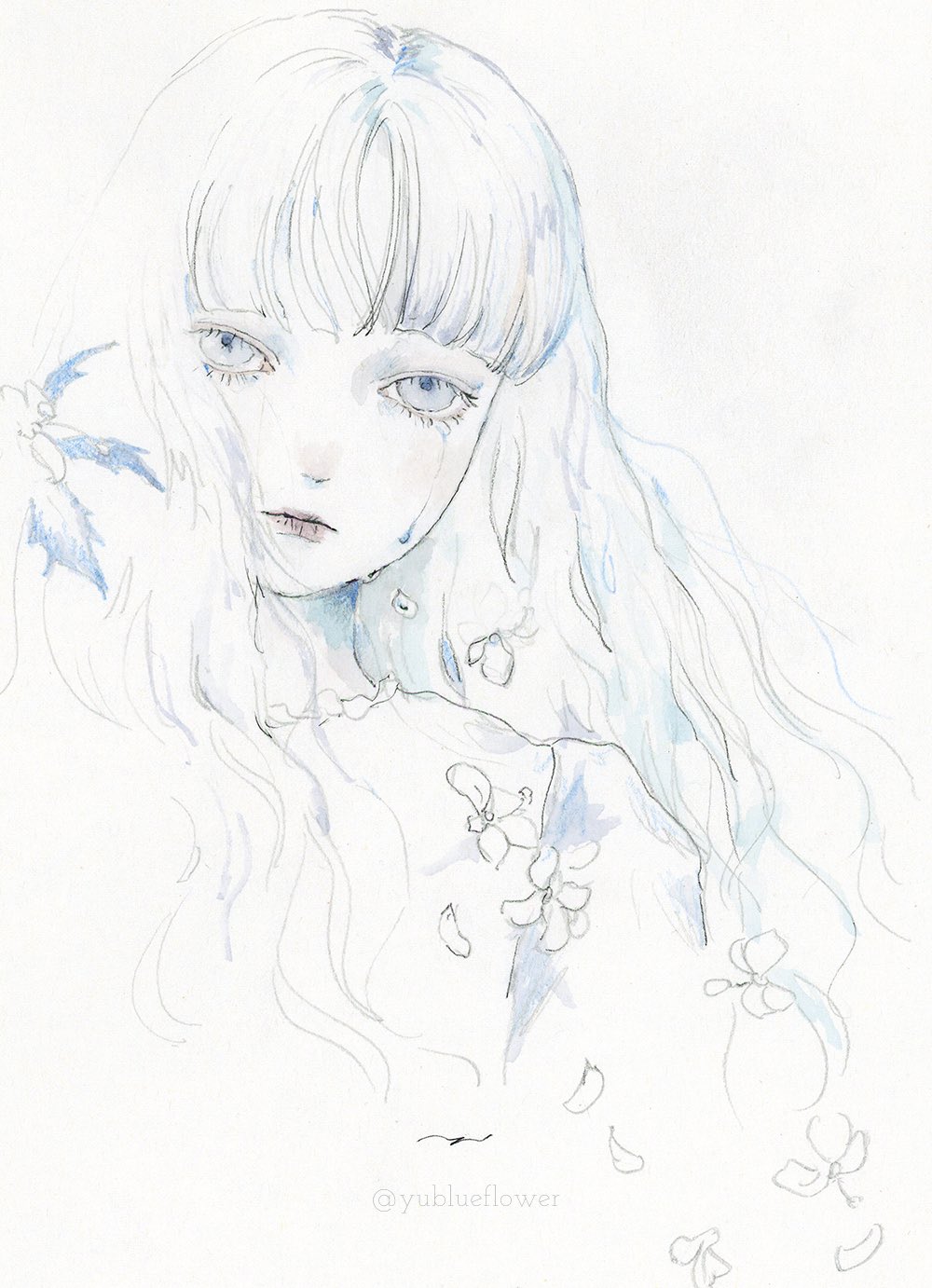 1girl colored_skin crying crying_with_eyes_open dress expressionless highres long_hair looking_at_viewer original painting_(medium) petals ringo_komachi solo tears traditional_media upper_body watercolor_(medium) white_background white_dress white_eyes white_hair white_skin white_theme