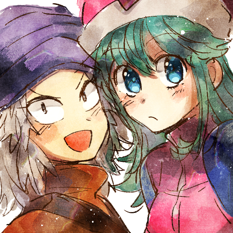 1boy 1girl blue_eyes blush green_eyes green_hair hat hunter_x_hunter pokkle ponzu sadanwo silver_hair smile tagme