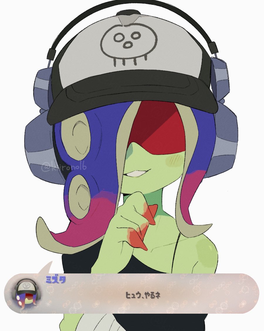 1girl baseball_cap dedf1sh game_screenshot_inset hand_on_own_chin hat headphones headphones_over_headwear kiirono looking_at_viewer multicolored_hair nintendo octoling smile splatoon_(series) splatoon_3 splatoon_3:_side_order sunglasses tentacle_hair two-tone_hair