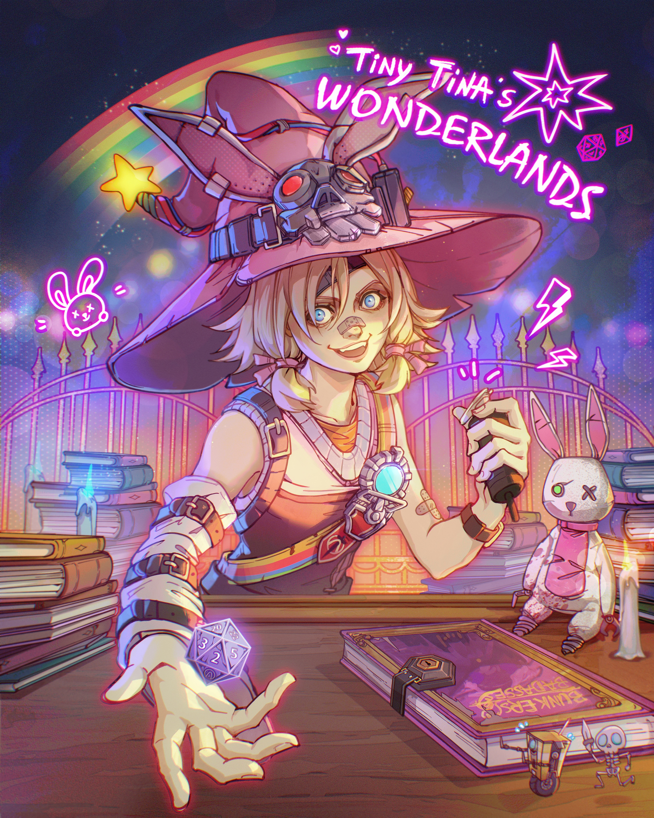 tiny tina, borderlands (series), tiny tina's wonderlands, absurdres,  highres, 20-sided dice, animal ears, bandaid, bandaid on face, bandaid on  nose, blue eyes, book, candle, detached sleeves, dice, hat, rainbow, short  hair, single