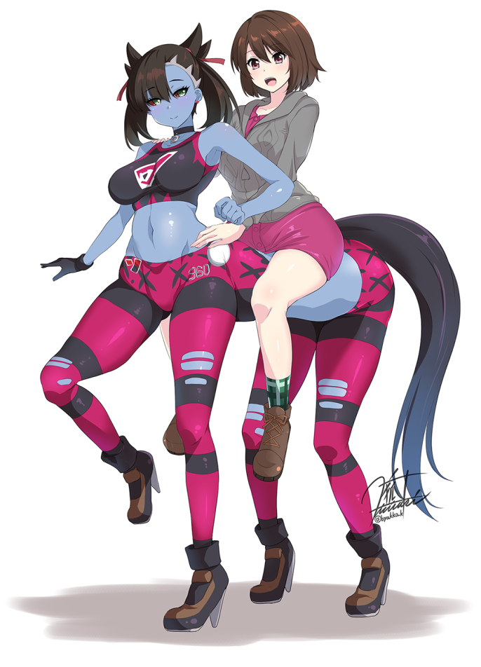 2girls black_hair black_sports_bra blue_skin breasts brown_eyes centauroid choker colored_skin commentary_request creatures_(company) extra_legs game_freak girltaur gloria_(pokemon) green_eyes green_socks high_heels horse_tail kirisaki_byakko large_breasts marnie_(pokemon) medium_hair monsterification mounting multiple_girls nintendo open_mouth pantyhose pokemon pokemon_swsh signature skirt socks sports_bra tail taur torn_clothes torn_pantyhose