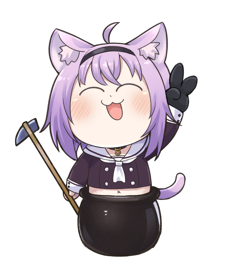 :3 :d ^_^ ahoge alternate_costume animal_ear_fluff animal_ears arm_up black_collar black_gloves black_hairband black_shirt blush cat_ears cat_tail cauldron closed_eyes collar commentary_request crossed_bangs cuff_links dot_nose eyes_visible_through_hair getting_over_it gloves grey_theme hairband hammer holding holding_hammer hololive in_cauldron long_hair long_sleeves matsumoto_tomoyohi nekomata_okayu nekomata_okayu_(casual) open_mouth purple_hair sailor_collar sailor_shirt shirt single_glove sleeve_cuffs smile tail transparent_background v virtual_youtuber white_sailor_collar x_navel