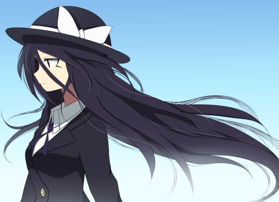 1girl anetai_toyone black_hair blazer female_focus from_side hat hat_ribbon hinomaru_(futagun) jacket long_hair red_eyes ribbon saki_(manga) school_uniform shirt solo standing white_shirt wind