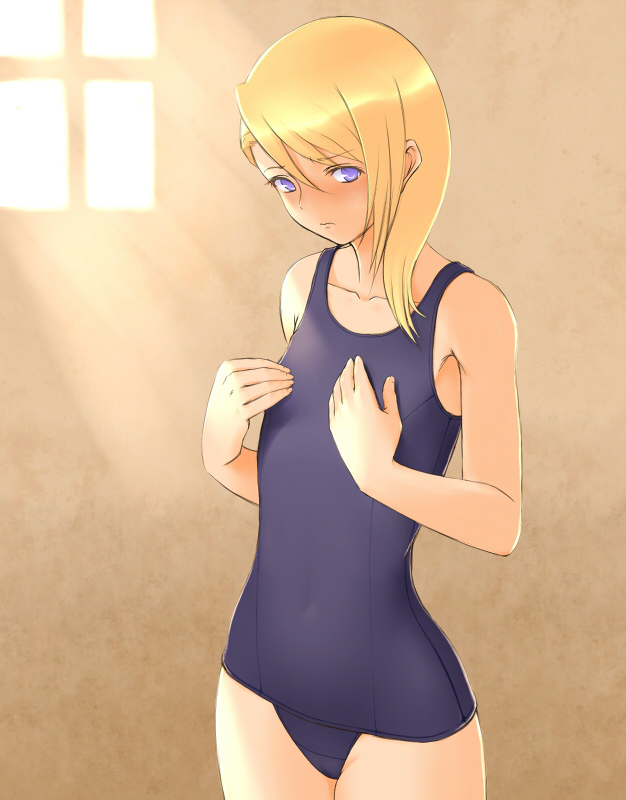 00s 1girl blonde_hair eshan&#039;tarl female_focus final_fantasy final_fantasy_xi indoors long_hair one-piece_swimsuit shiriana solo swimsuit