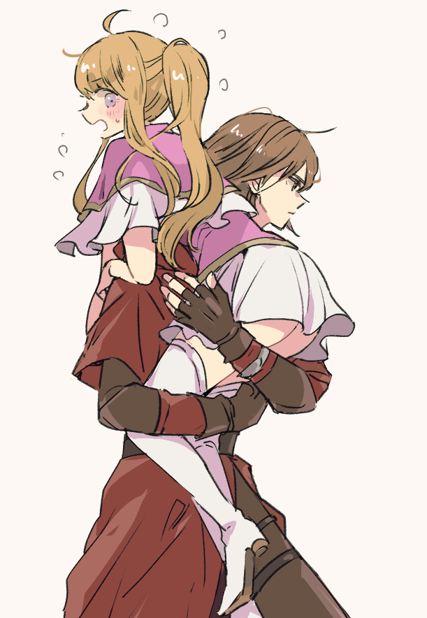 1boy 1girl ass blonde_hair boots brown_eyes brown_hair carrying clarine_(fire_emblem) fingerless_gloves fire_emblem fire_emblem:_the_binding_blade gloves long_hair looking_back miniskirt nintendo open_mouth ponytail purple_eyes rutger_(fire_emblem) serious simple_background skirt tenjin_(ahan) thigh_boots white_background white_footwear