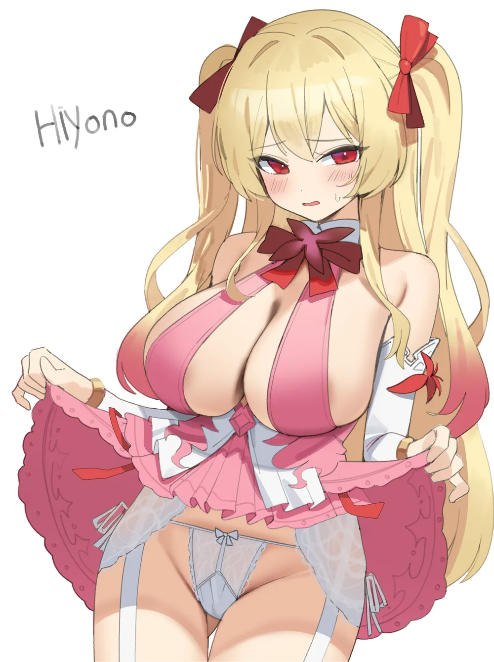 1girl bare_shoulders blonde_hair bow bowtie bracelet breasts cleavage clothes_lift commission cowboy_shot demonia_(hiyono) detached_sleeves dress dress_lift embarrassed frown garter_belt gluteal_fold hair_ribbon highres jewelry large_breasts lifting_own_clothes lingerie long_hair long_sleeves looking_at_viewer no_bra nogong open_mouth original panties pink_dress pleated_dress red_eyes ribbon side-tie_panties sideboob simple_background sleeveless sleeveless_dress solo standing string_panties sweatdrop thighs two_side_up underwear very_long_hair white_background white_panties white_sleeves