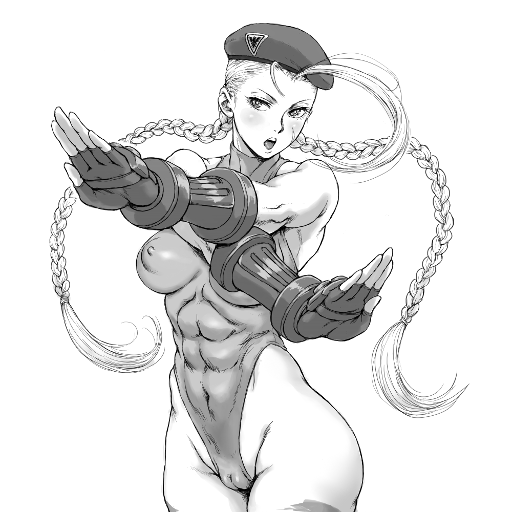 1girl abs ahoge bare_shoulders beret braid breasts cameltoe cammy_white camouflage commentary covered_erect_nipples covered_navel facial_scar fingerless_gloves gloves greyscale hat highleg highleg_leotard leotard long_hair medium_breasts monochrome open_mouth scar scar_on_cheek scar_on_face shu-mai simple_background sleeveless street_fighter street_fighter_ii_(series) teeth thighs toned toned_female twin_braids twintails upper_teeth_only white_background