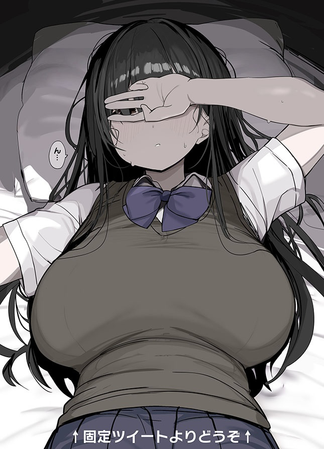 1girl black_hair blush bow bowtie breasts commentary_request covering_face facing_viewer large_breasts long_hair lying on_back pillow rouka_(akatyann) school_uniform shirt skirt solo sweat translation_request white_shirt