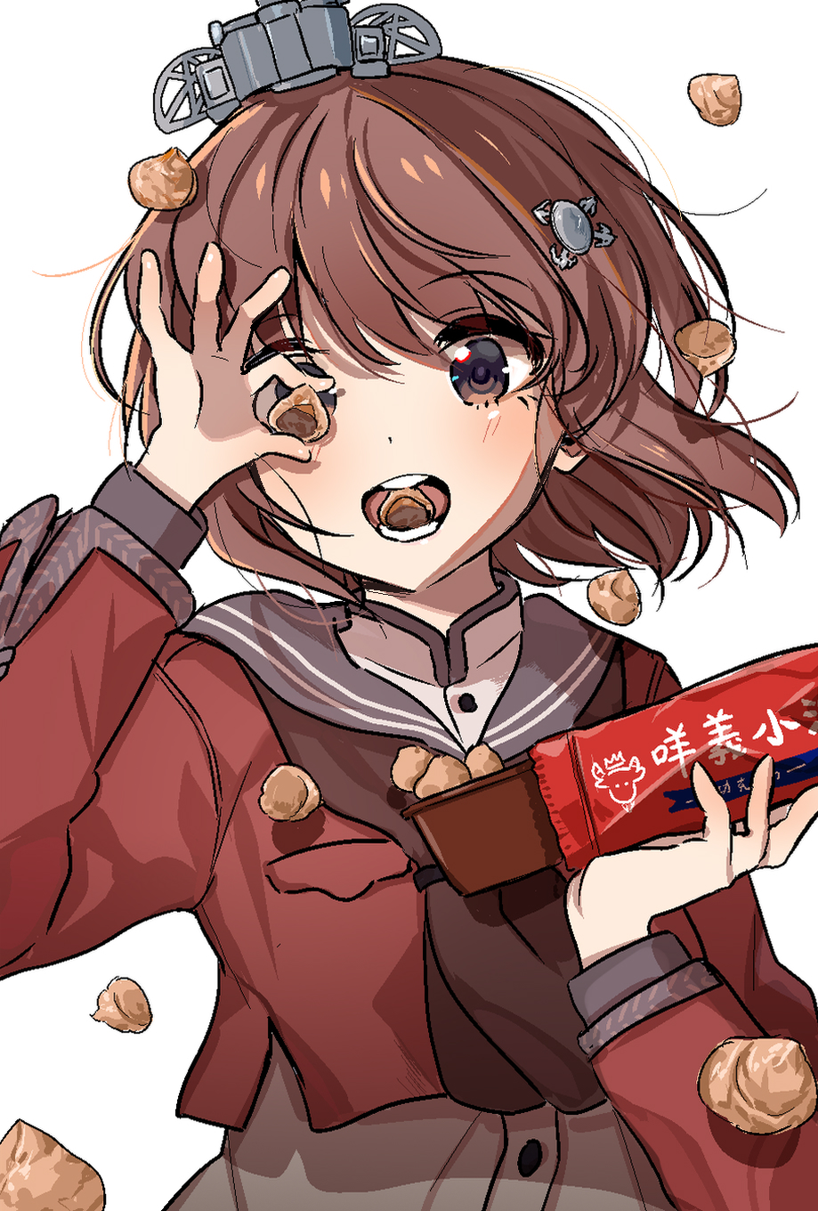 1girl brown_eyes brown_hair brown_neckerchief cookie dress food grey_dress grey_sailor_collar headgear highres holding kantai_collection kaomoji_(sagor00237) neckerchief open_mouth red_shirt sailor_collar sailor_dress shirt short_hair simple_background solo tan_yang_(kancolle) upper_body white_background yukikaze_(kancolle)