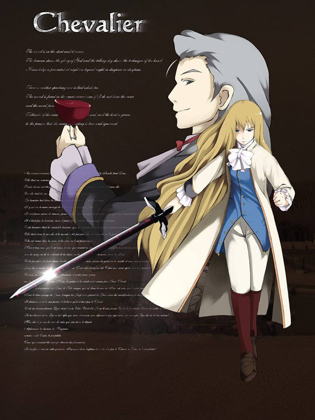 2boys blonde_hair d&#039;eon_de_beaumont hubrael le_chevalier_d&#039;eon long_hair male_focus multiple_boys sword weapon