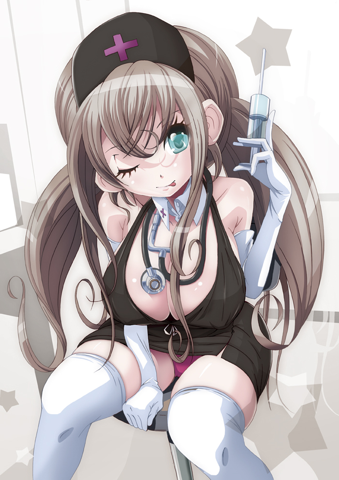 1girl :p aqua_eyes bad_id bad_pixiv_id breasts brown_hair cleavage elbow_gloves female_focus gloves large_breasts long_hair nurse one_eye_closed original solo syringe thighhighs tongue tongue_out towashibuki twintails wink