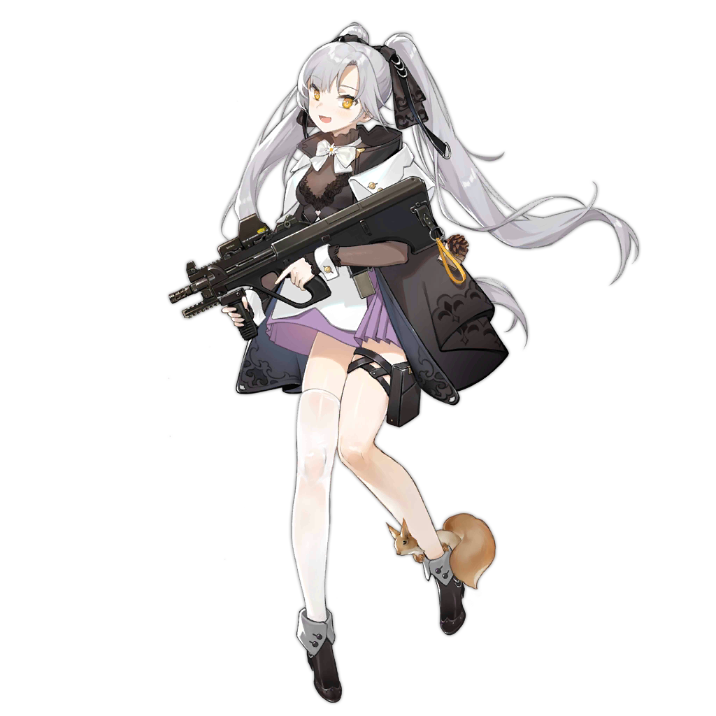 1girl assault_rifle aug_para_(girls&#039;_frontline) black_footwear bow bowtie breasts bullpup carbine dress girls&#039;_frontline gun hair_ribbon holding holding_weapon jacket leg_holster long_hair looking_at_viewer multicolored_clothes multicolored_dress multicolored_jacket open_mouth pistol-caliber_carbine pouch ribbon rifle shoes silver_hair single_thighhigh smile smile_(mm-l) solo squirrel steyr_aug thigh_pouch thighhighs transparent_background twintails weapon white_background white_bow white_bowtie white_thighhighs yellow_eyes