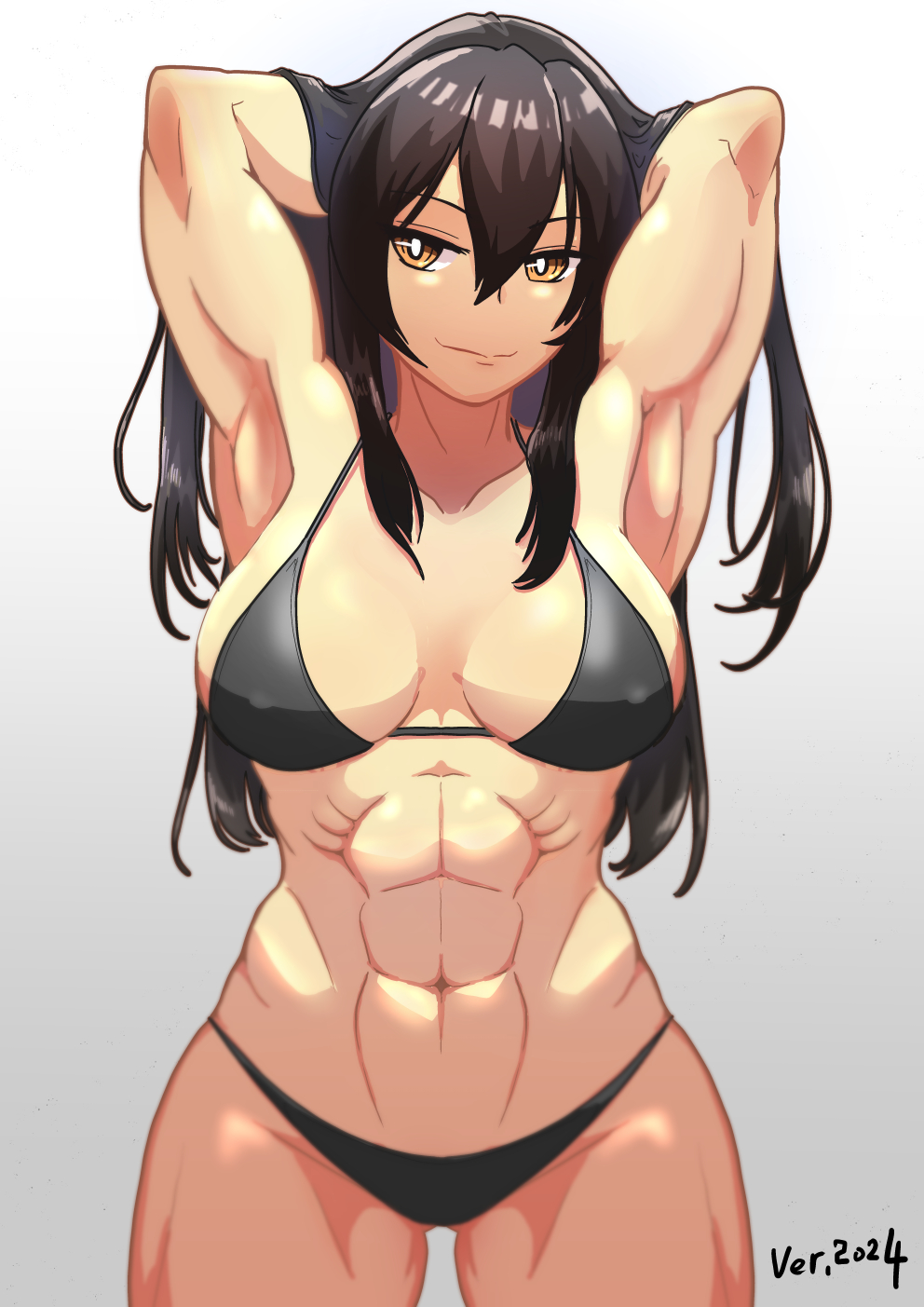 1girl abs alternate_costume alternate_eye_color alternate_muscle_size armpits arms_behind_head arms_up bikini black_bikini black_hair breasts hair_between_eyes highres kantai_collection large_breasts long_hair muscular muscular_female nagato_(kancolle) navel orange_eyes smile solo standing swimsuit tsun&#039;ichi_(tsun1) very_long_hair