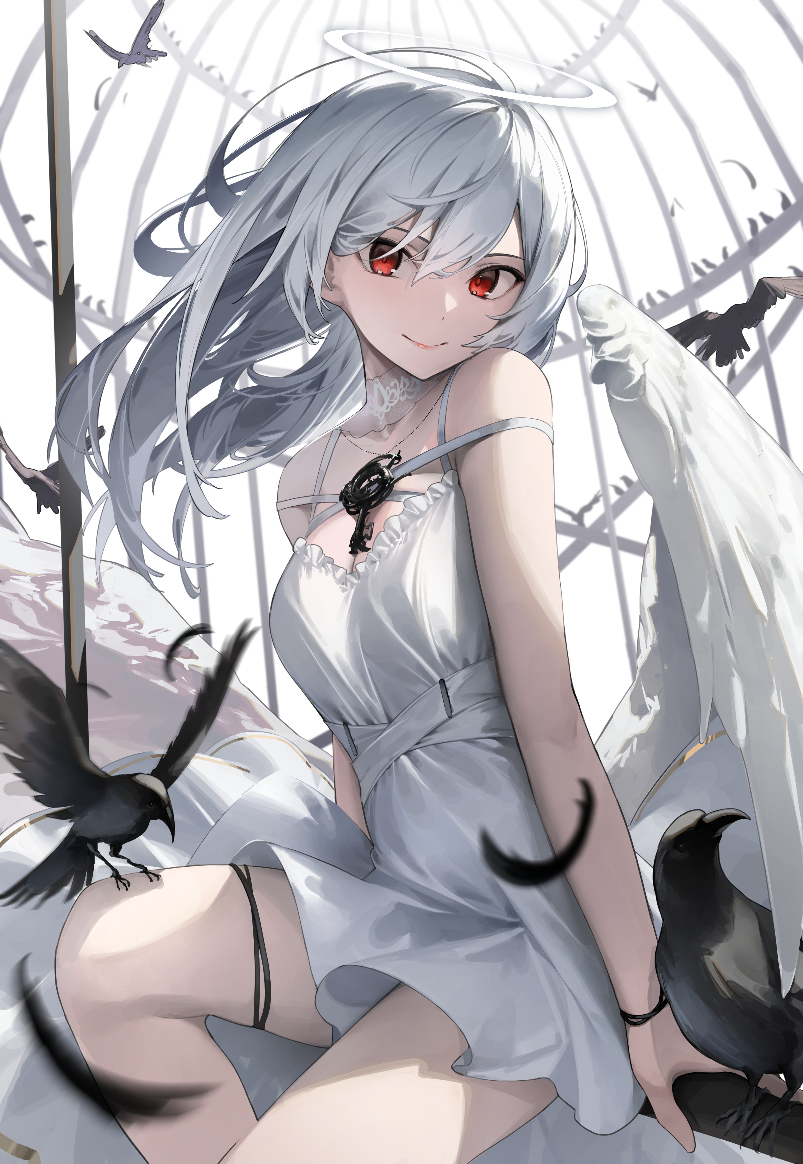 star741, original, silver hair, absurdres, commentary, highres, 1girl, bare  arms, bare shoulders, bird, bird on leg, birdcage, breasts, cage, closed  mouth, crow, dress, eyebrows hidden by hair, feathers, floating hair, hair  between