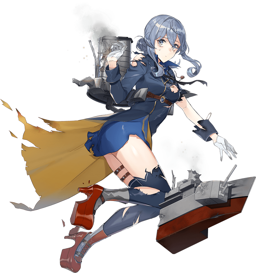 1girl blue_eyes blue_hair drew_(drew213g) full_body gloves gotland_(kancolle) gotland_kai_(kancolle) kantai_collection long_hair long_sleeves mole mole_under_eye official_art smoke solo torn_clothes transparent_background white_background white_gloves