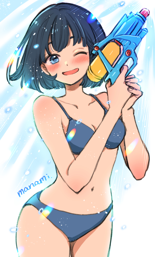 1girl ;d artist_name bare_arms bare_shoulders bikini blue_background blue_bikini blue_eyes blue_hair blush breasts cleavage collarbone commentary_request cowboy_shot hands_up happy holding holding_water_gun looking_at_viewer medium_breasts navel one_eye_closed open_mouth original short_hair signature smile solo stomach sugano_manami super_soaker swimsuit water_gun