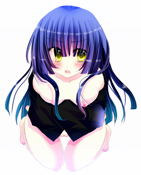 1girl blue_hair blush bottomless collarbone female_focus honda_masazumi kyoukaisenjou_no_horizon long_hair nipples pussy solo uncensored yellow_eyes