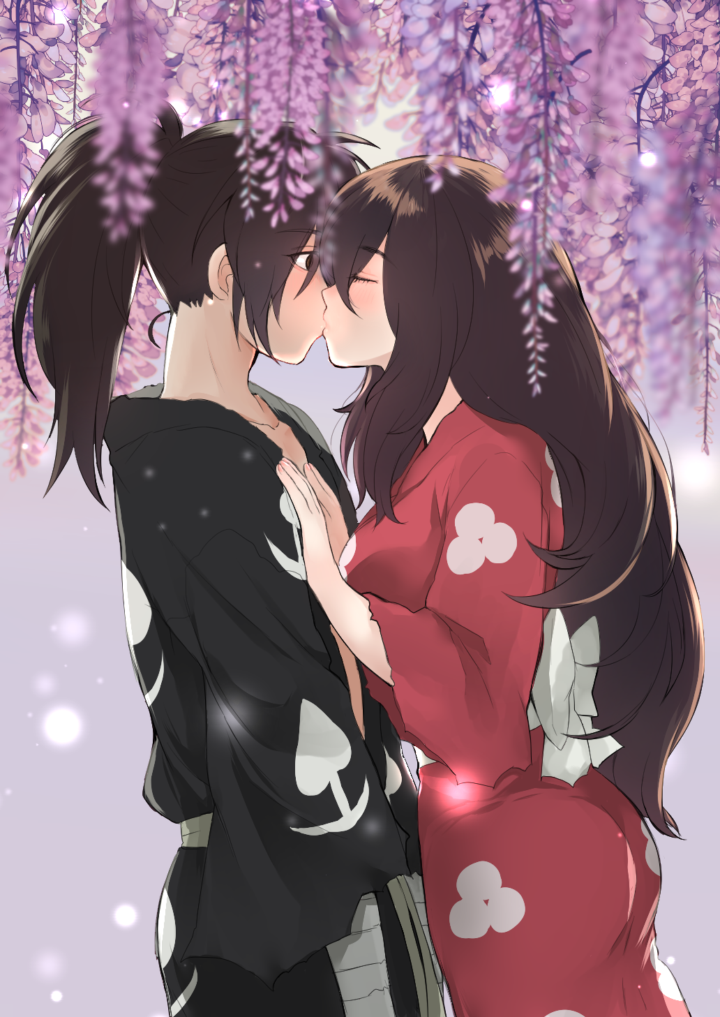 1boy 1girl ass black_kimono bow closed_eyes day dororo_(tezuka) floral_print flower hands_on_another&#039;s_chest hetero highres hyakkimaru_(dororo) japanese_clothes kimono kiss long_hair mio_(dororo) outdoors ponytail red_kimono very_long_hair white_bow wisteria yamatomoti