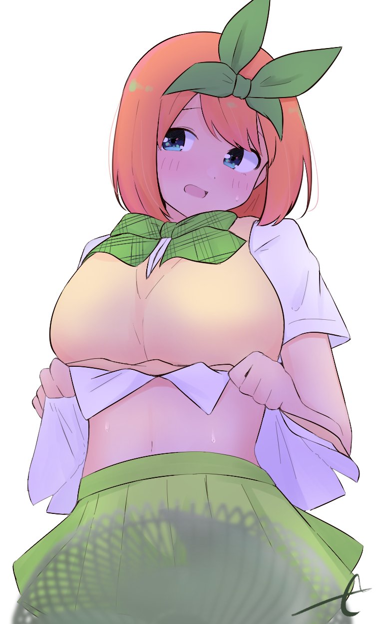 1girl blue_eyes blurry blurry_foreground blush bow breasts clothes_lift commentary_request depth_of_field electric_fan eyebrows_hidden_by_hair fanning_self go-toubun_no_hanayome green_bow green_ribbon green_skirt hair_ribbon highres kujou_karasuma large_breasts lifting_own_clothes nakano_yotsuba open_mouth orange_hair pleated_skirt ribbon shirt shirt_lift short_sleeves signature simple_background skirt solo sweater_vest white_background white_shirt