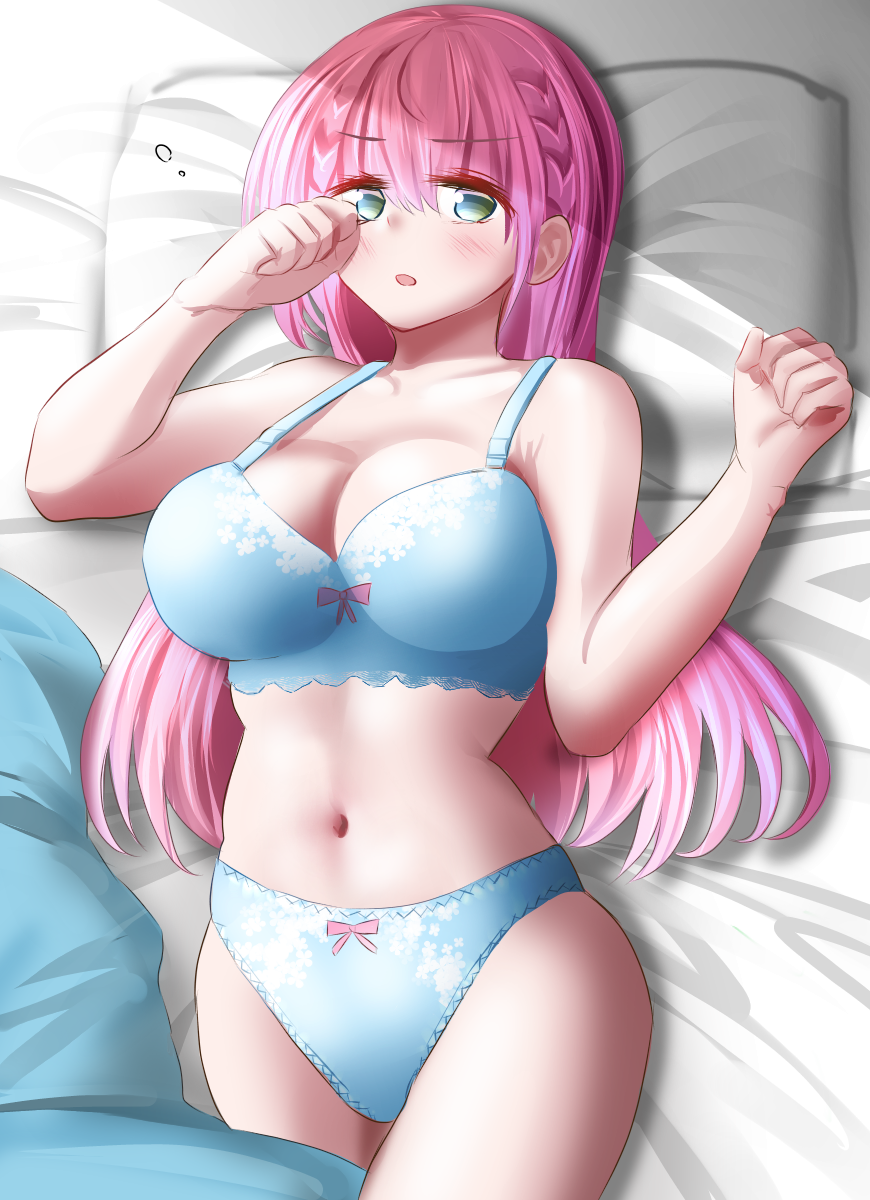 1girl aqua_eyes bare_shoulders bed bed_sheet bedroom blue_eyes blush bokutachi_wa_benkyou_ga_dekinai bra braid breasts cleavage collarbone groin gu~derenko highres kirisu_mafuyu large_breasts long_hair morning navel on_bed pillow pink_hair shiny_clothes shiny_skin solo stomach thighs underwear underwear_only waking_up