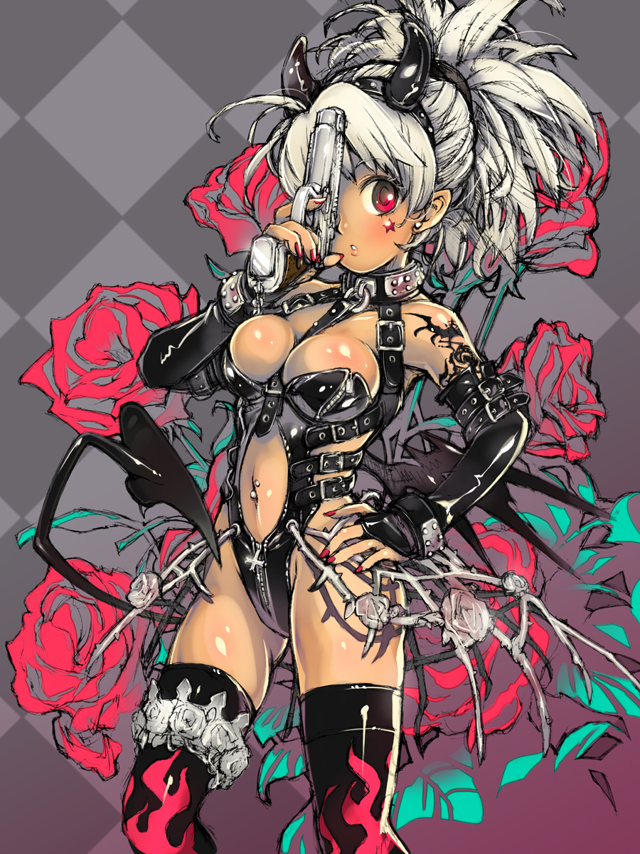 1girl argyle_background argyle_clothes black_thighhighs breasts cleavage collar dark-skinned_female dark_skin demon_horns demon_tail elbow_gloves female_focus flower gloves groin gun haku_(artist) haku_(sabosoda) hand_on_own_hip handgun highres holding horns long_hair looking_at_viewer nail_polish navel original ponytail rose solo star_(symbol) tail tan thigh_strap thighhighs weapon white_hair