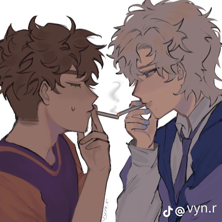 2boys blue_jacket blush bosko_winnie brown_eyes brown_hair cigarette cigarette_kiss cold_front happy jacket male_focus multiple_boys orange_jacket orlov_augustine shirt short_hair smile smiley_face visual_novel white_background white_shirt